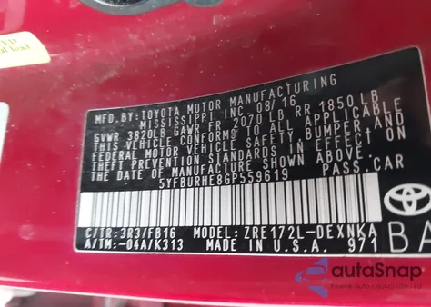 2016 Toyota Corolla Le from USA, damaged, VIN 5YFBURHE8GP559619